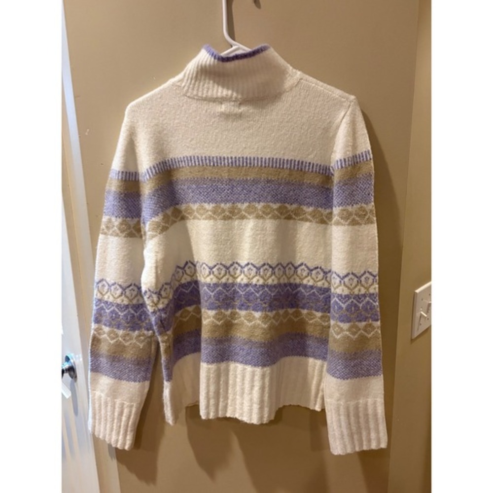 Aspen Womens Mock Neck Fair Isle Knit Sweater Lavender Cream Tan Size Large - Picture 2 of 6